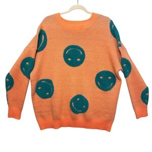 Fantastic Fawn Orange Teal Smiley Face Knit Sweater Women's Size S Oversized